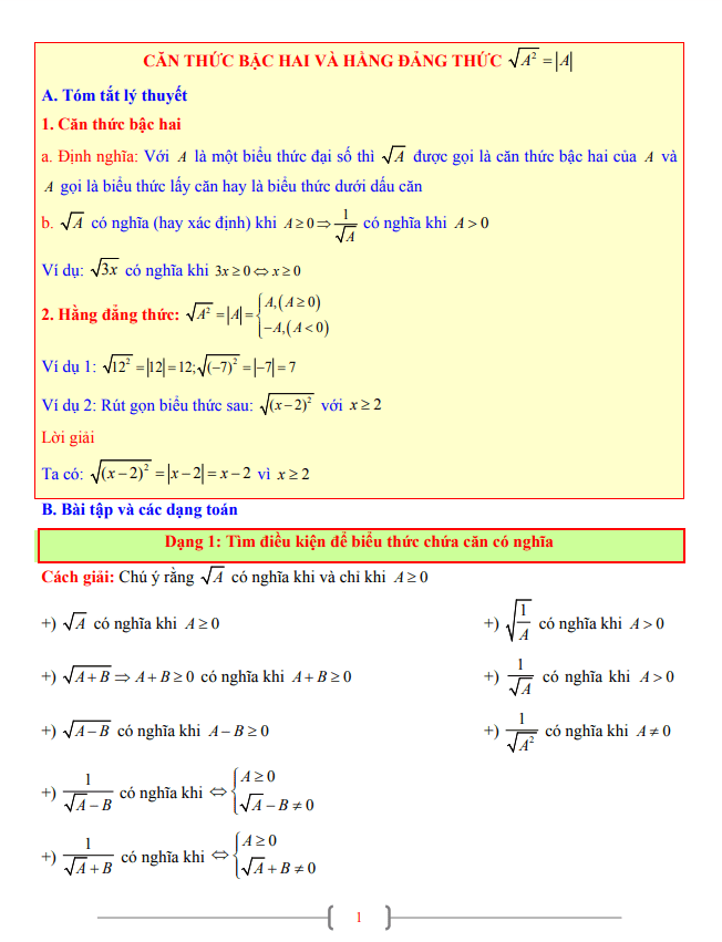 Tài liệu Toán 9 chủ đề căn thức bậc hai và hằng đẳng thức $sqrt A2  left A right$